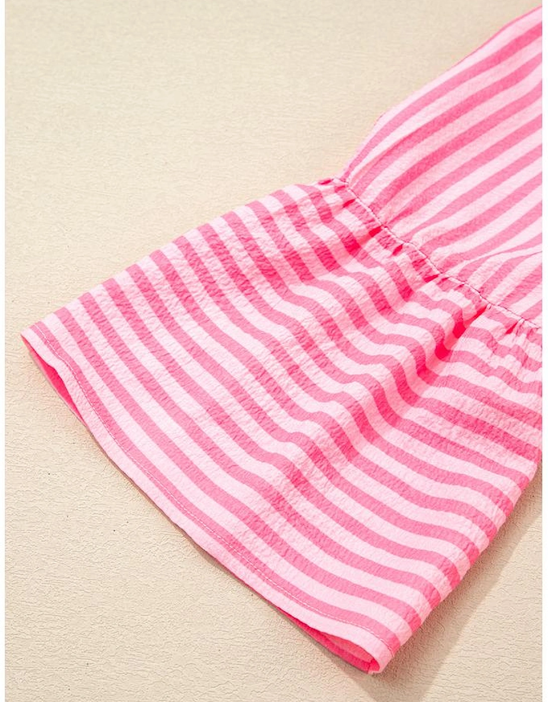 Pink Stripe Flare Sleeve Half Placket Tiered Flowy Mini Dress