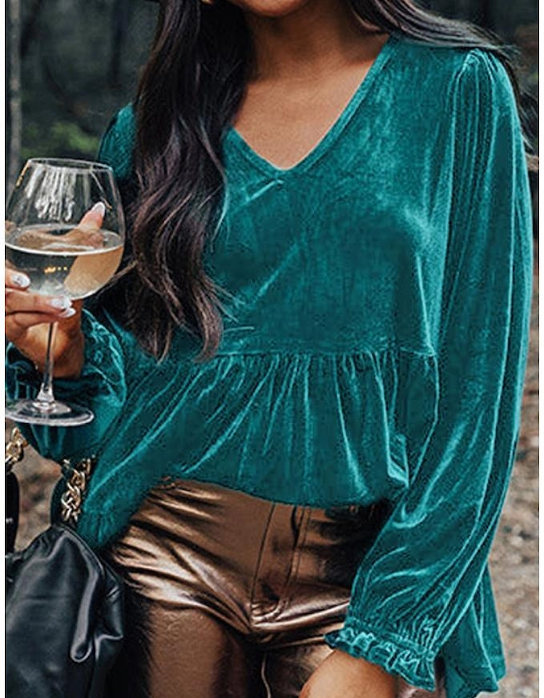 Sea Green Velvet V Neck Peplum Hem Puff Sleeve Blouse