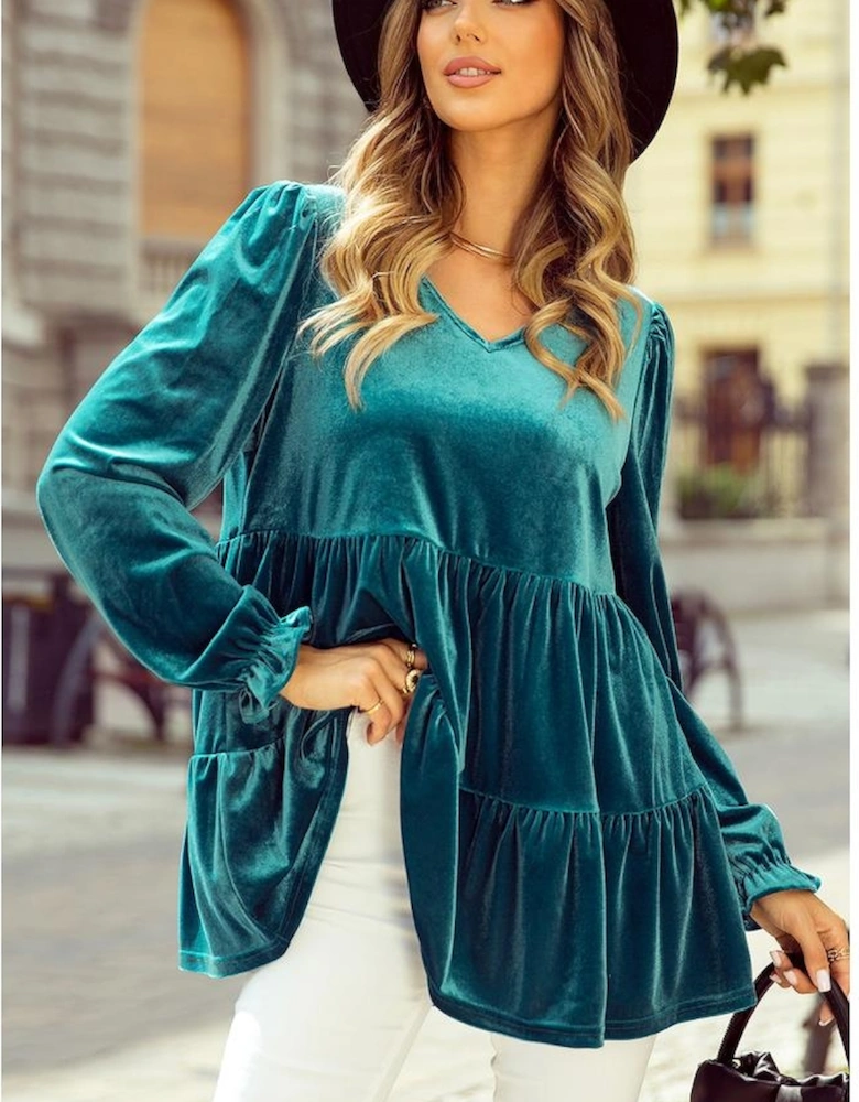 Sea Green Velvet V Neck Peplum Hem Puff Sleeve Blouse