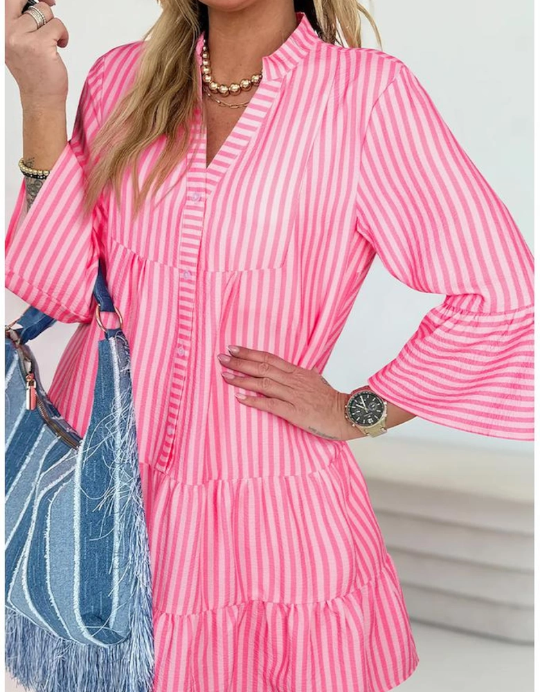 Pink Stripe Flare Sleeve Half Placket Tiered Flowy Mini Dress