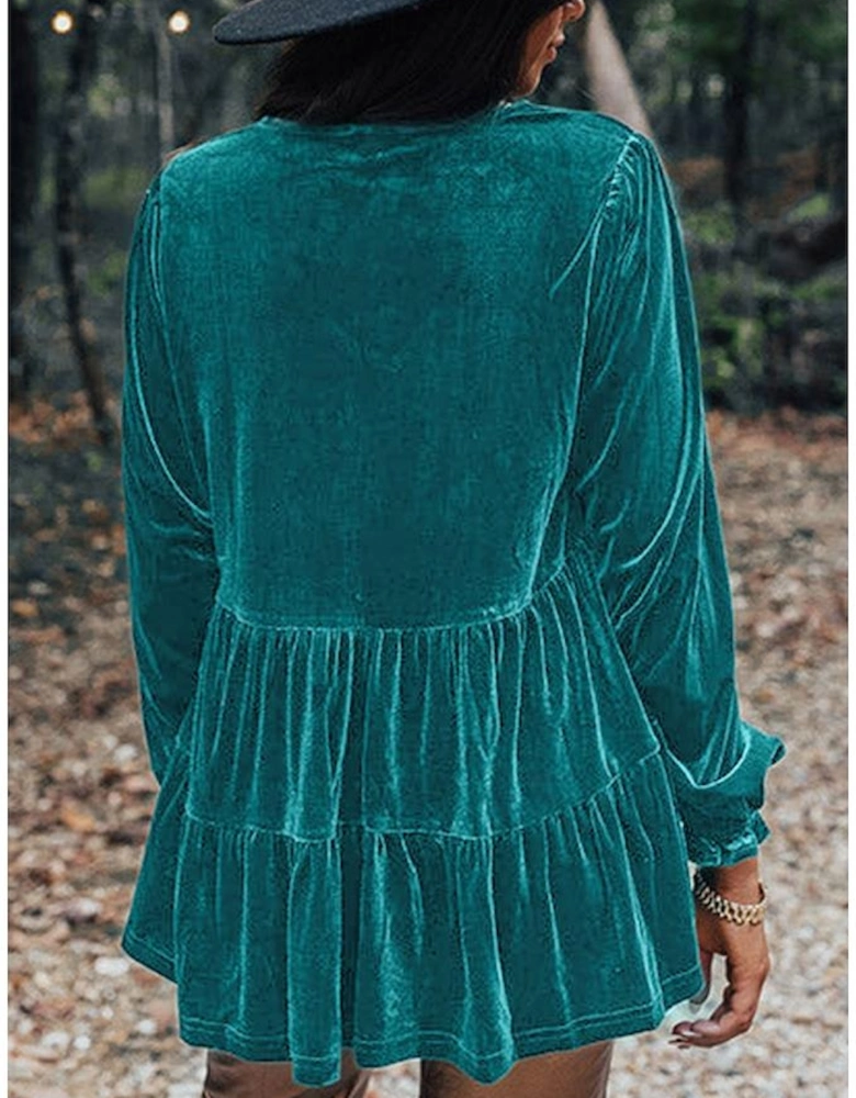 Sea Green Velvet V Neck Peplum Hem Puff Sleeve Blouse