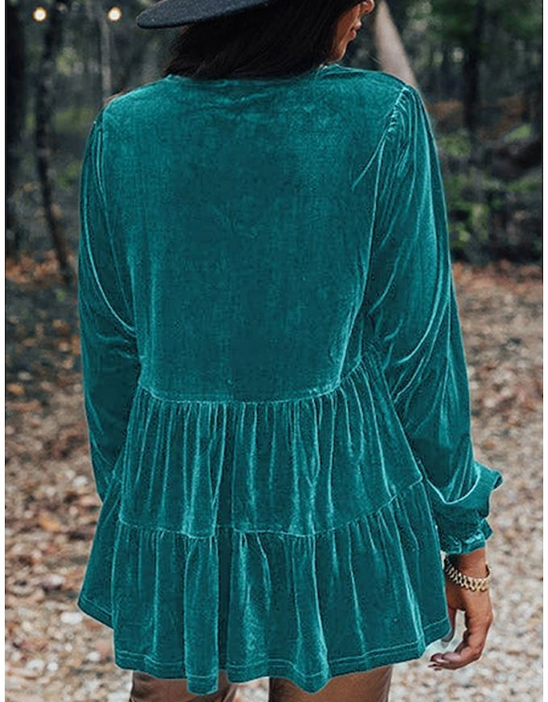 Sea Green Velvet V Neck Peplum Hem Puff Sleeve Blouse