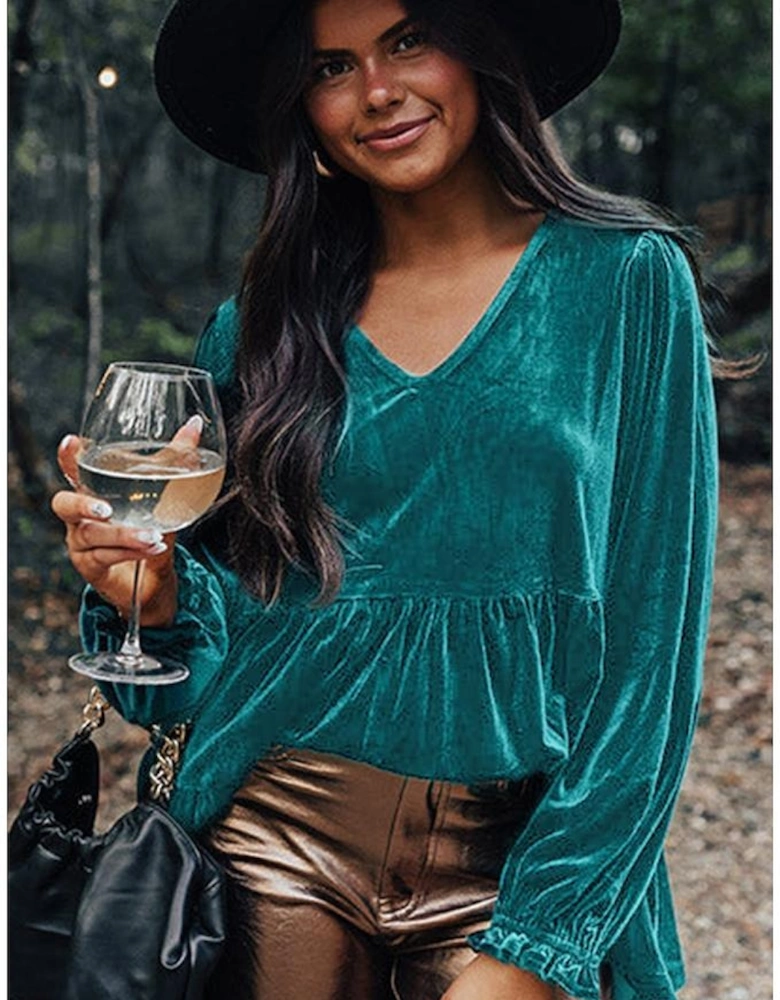 Sea Green Velvet V Neck Peplum Hem Puff Sleeve Blouse