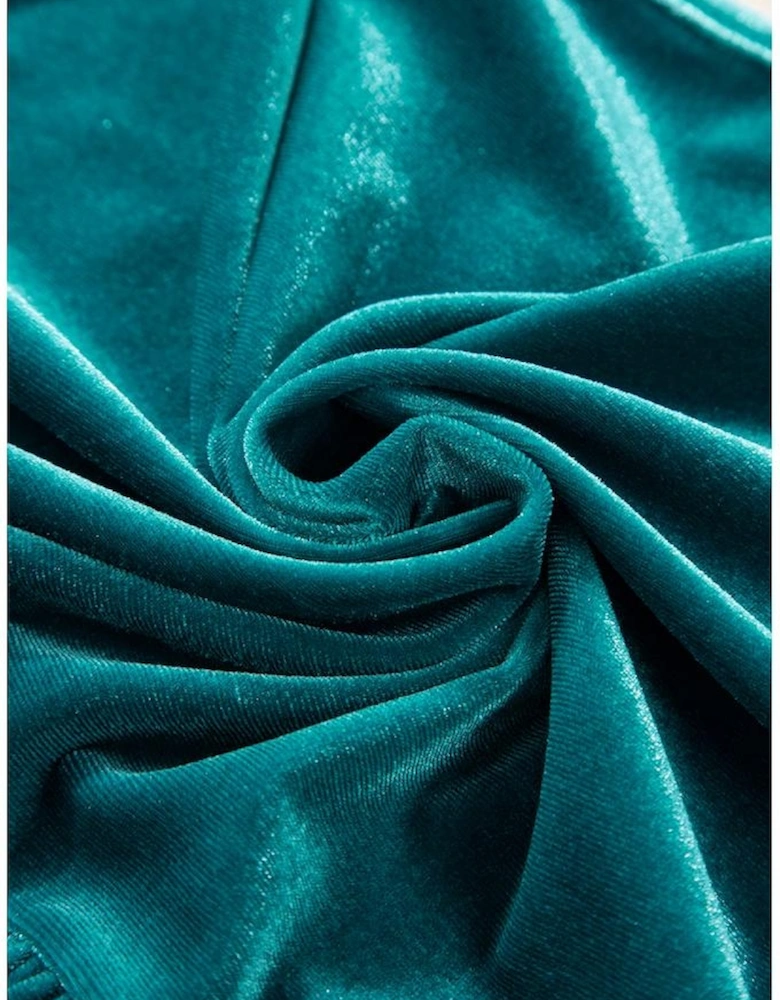 Sea Green Velvet V Neck Peplum Hem Puff Sleeve Blouse