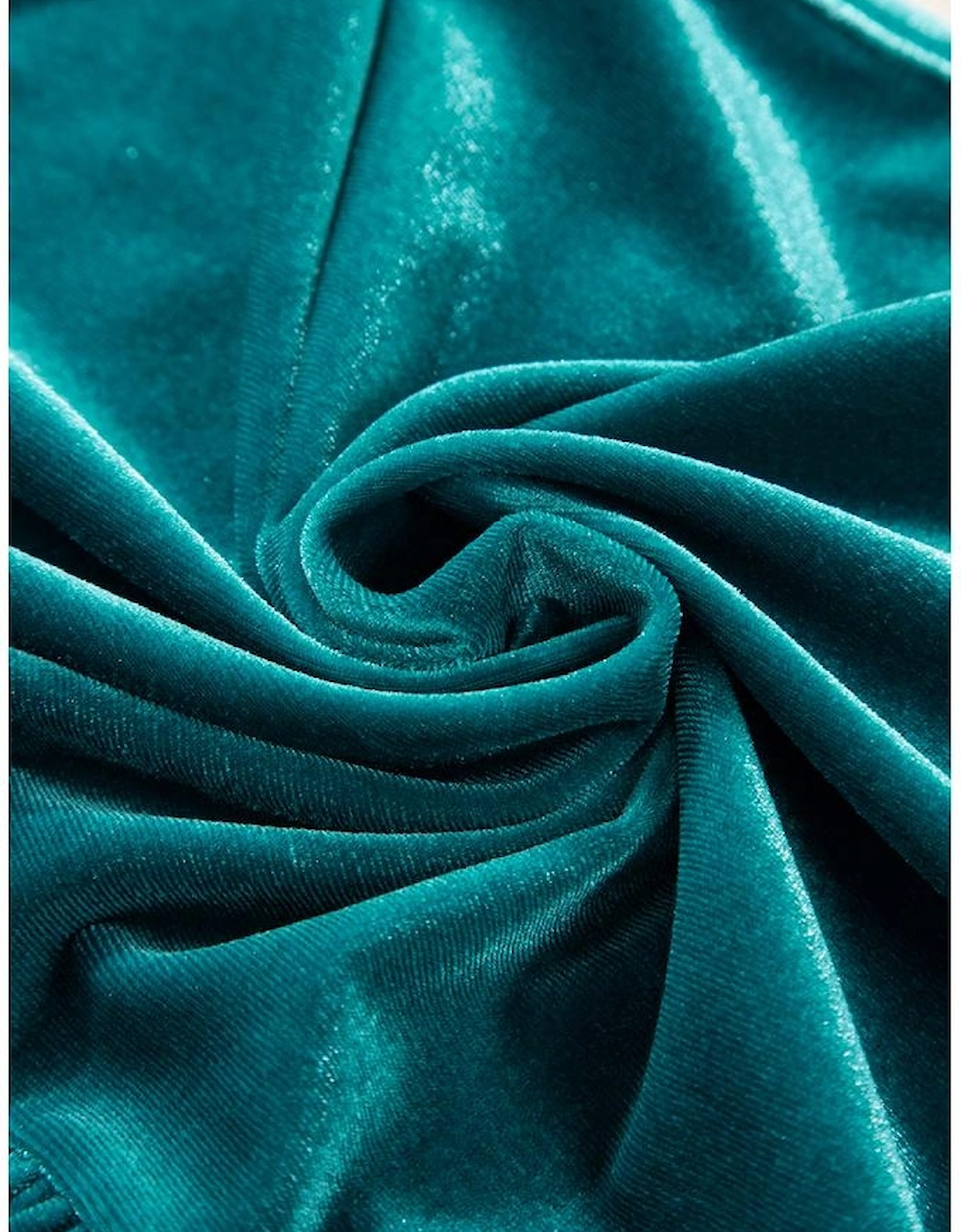 Sea Green Velvet V Neck Peplum Hem Puff Sleeve Blouse