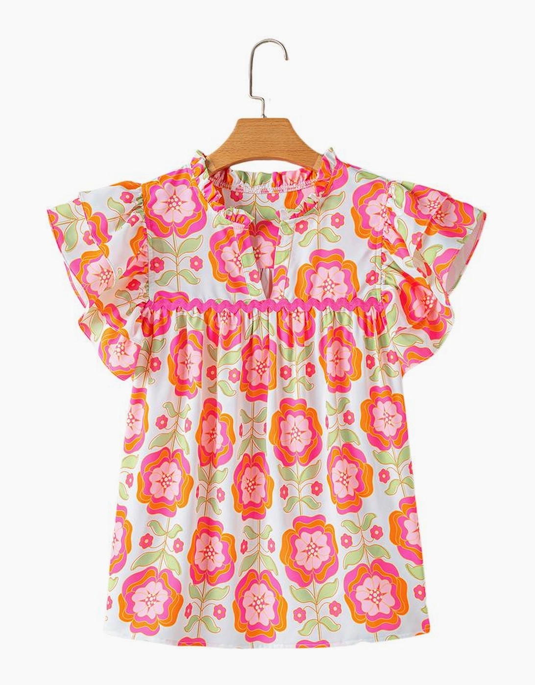 Rose Floral Ruffled Sleeve Ric-rac Trim Split Neck Loose Blouse