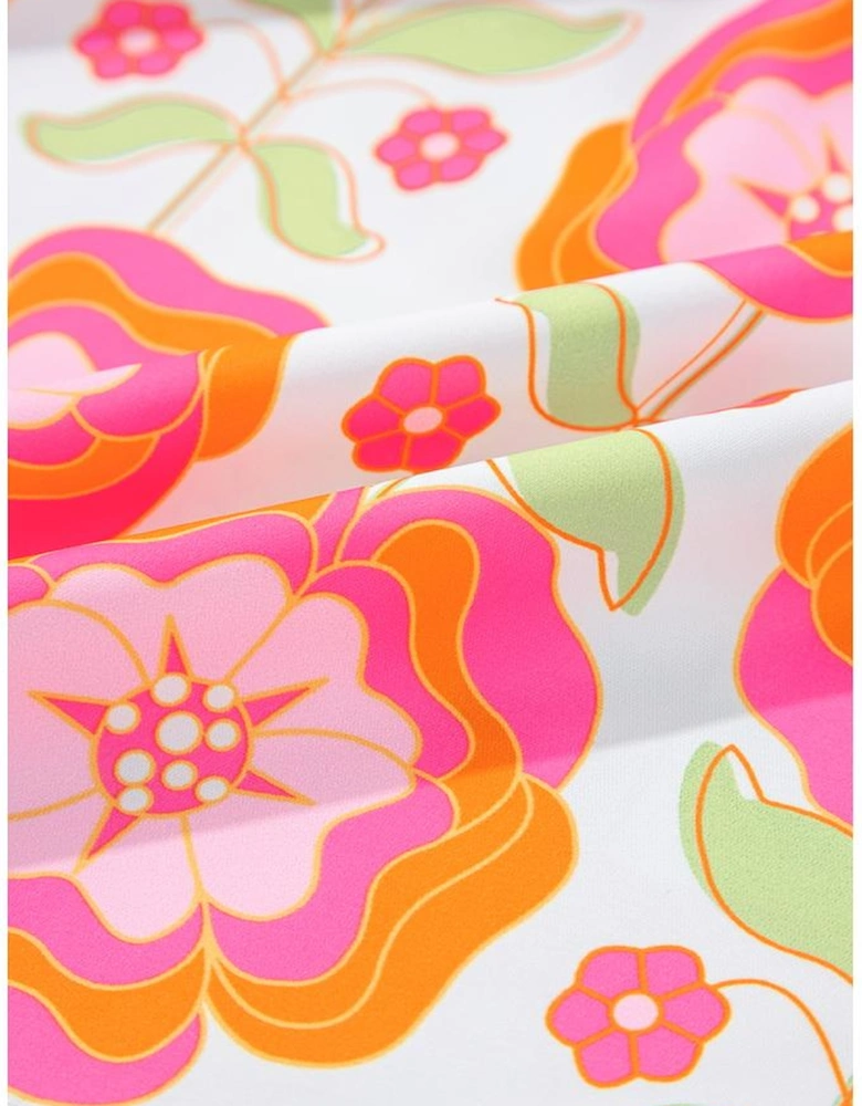 Rose Floral Ruffled Sleeve Ric-rac Trim Split Neck Loose Blouse