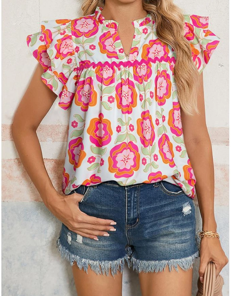Rose Floral Ruffled Sleeve Ric-rac Trim Split Neck Loose Blouse