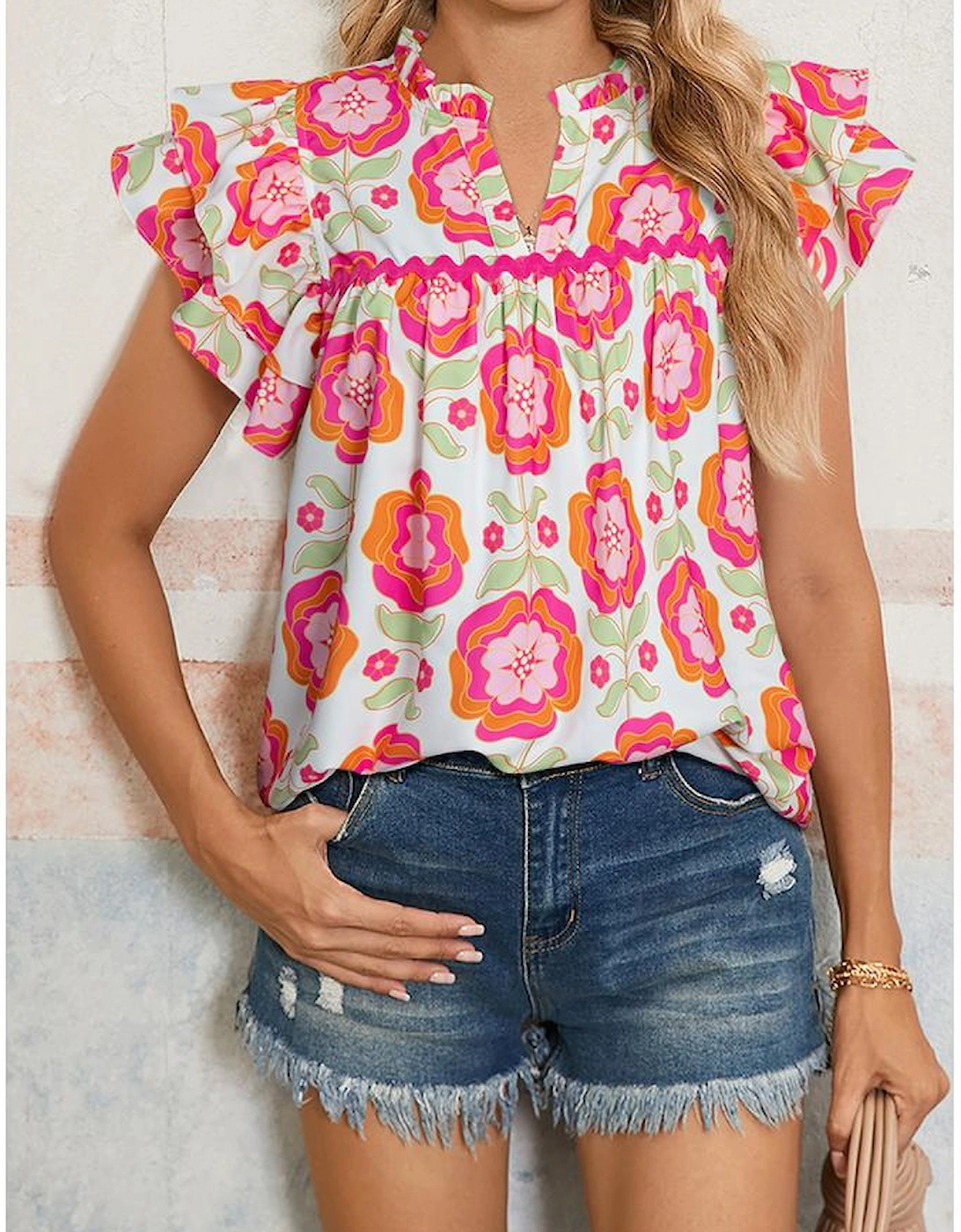 Rose Floral Ruffled Sleeve Ric-rac Trim Split Neck Loose Blouse