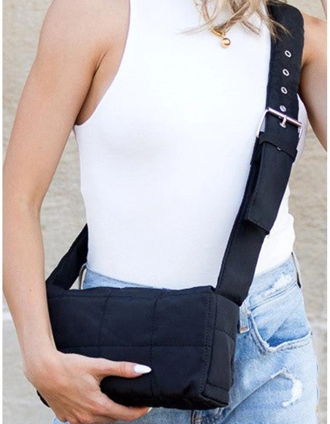 Black Adjustable Wide Strap Quilted Puffer Crossbody Bag