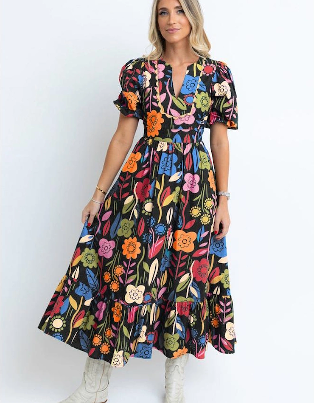 Black Retro Floral Printed Split Neck Maxi Dress, 6 of 5