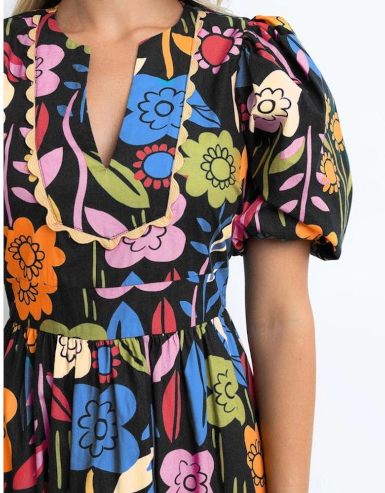 Black Retro Floral Printed Split Neck Maxi Dress