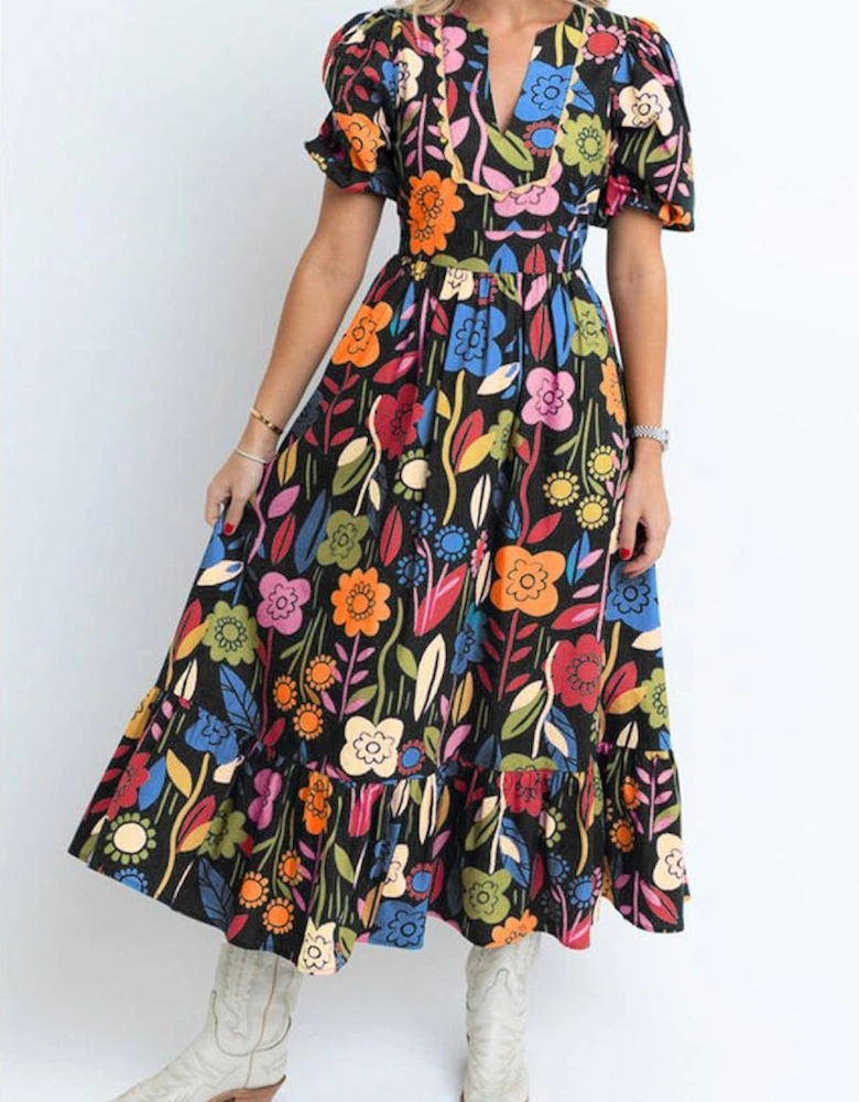 Black Retro Floral Printed Split Neck Maxi Dress