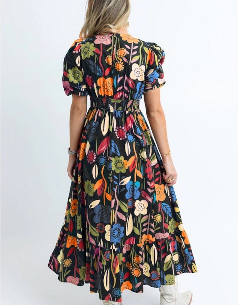 Black Retro Floral Printed Split Neck Maxi Dress