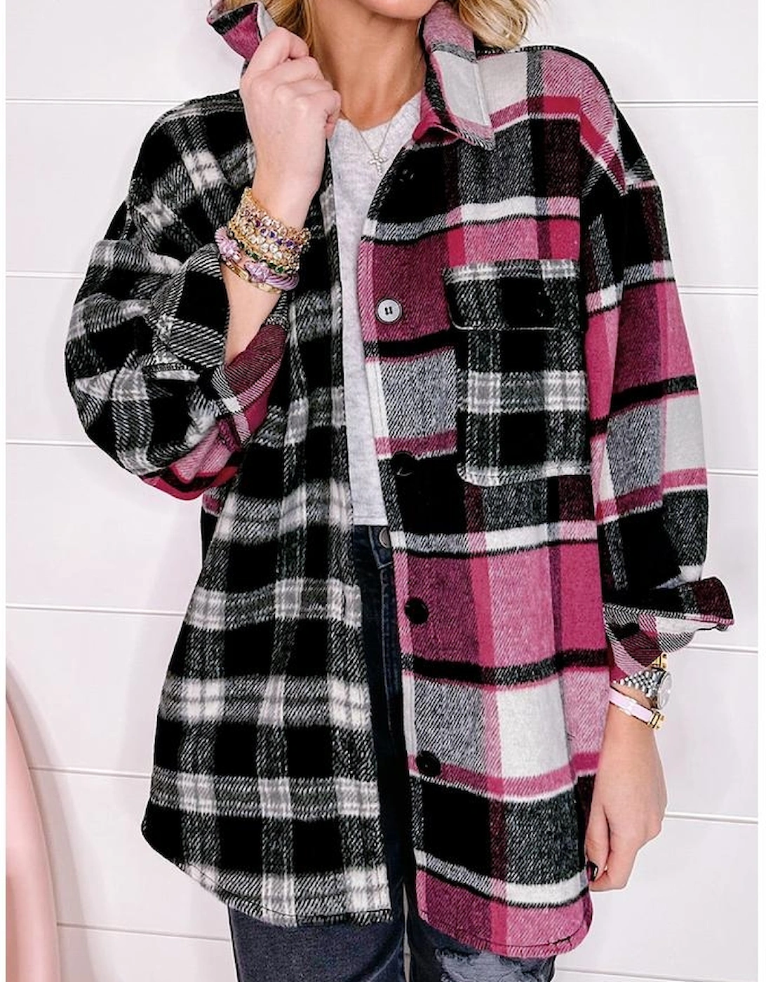 Black Plaid Colorblock Loose Shacket