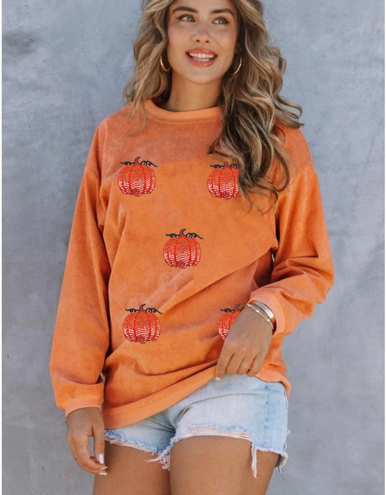 Orange Sequin Pumpkin Patched Twisted Rib Baggy Sweatshirt