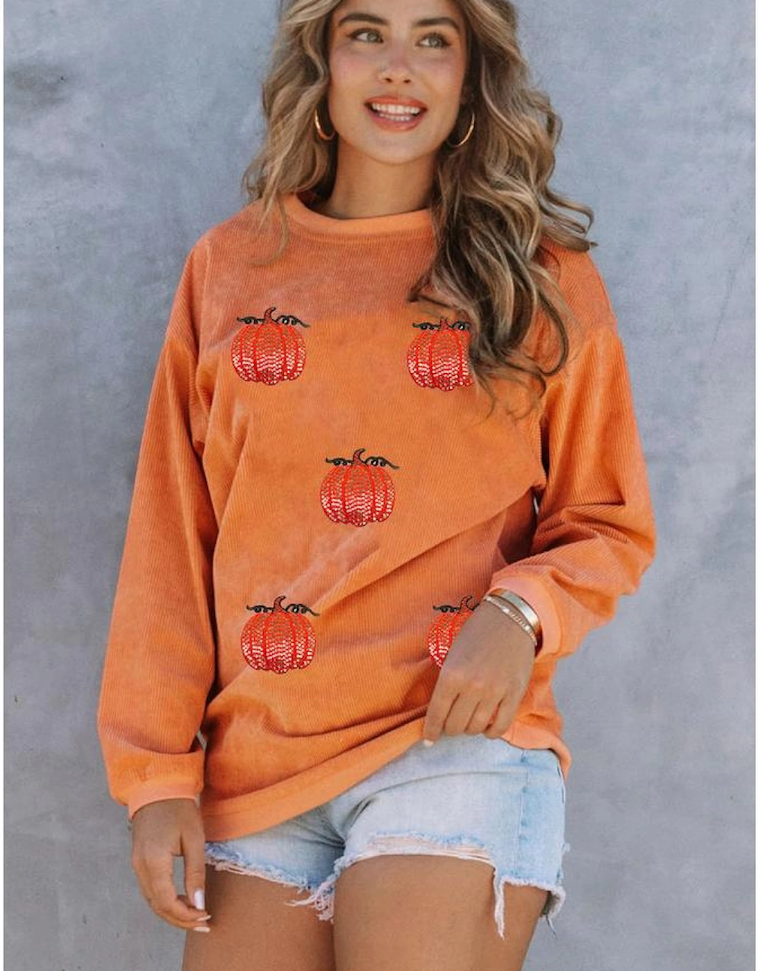 Orange Sequin Pumpkin Patched Twisted Rib Baggy Sweatshirt, 9 of 8