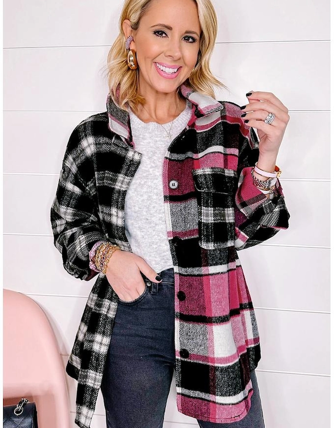Black Plaid Colorblock Loose Shacket