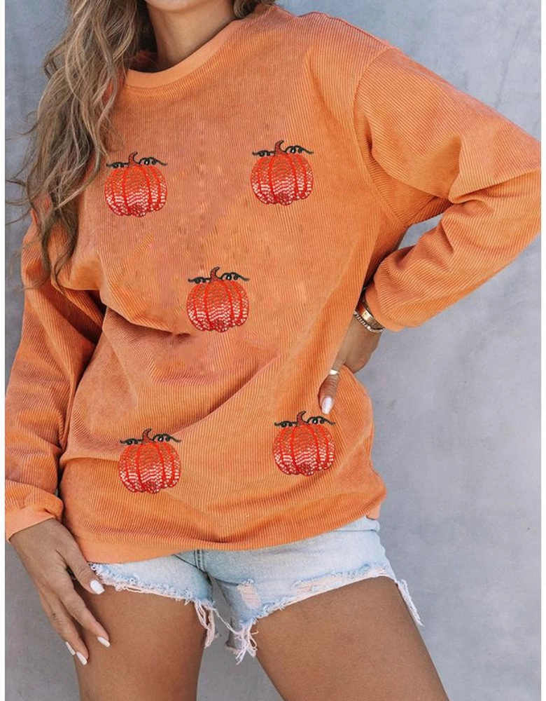 Orange Sequin Pumpkin Patched Twisted Rib Baggy Sweatshirt