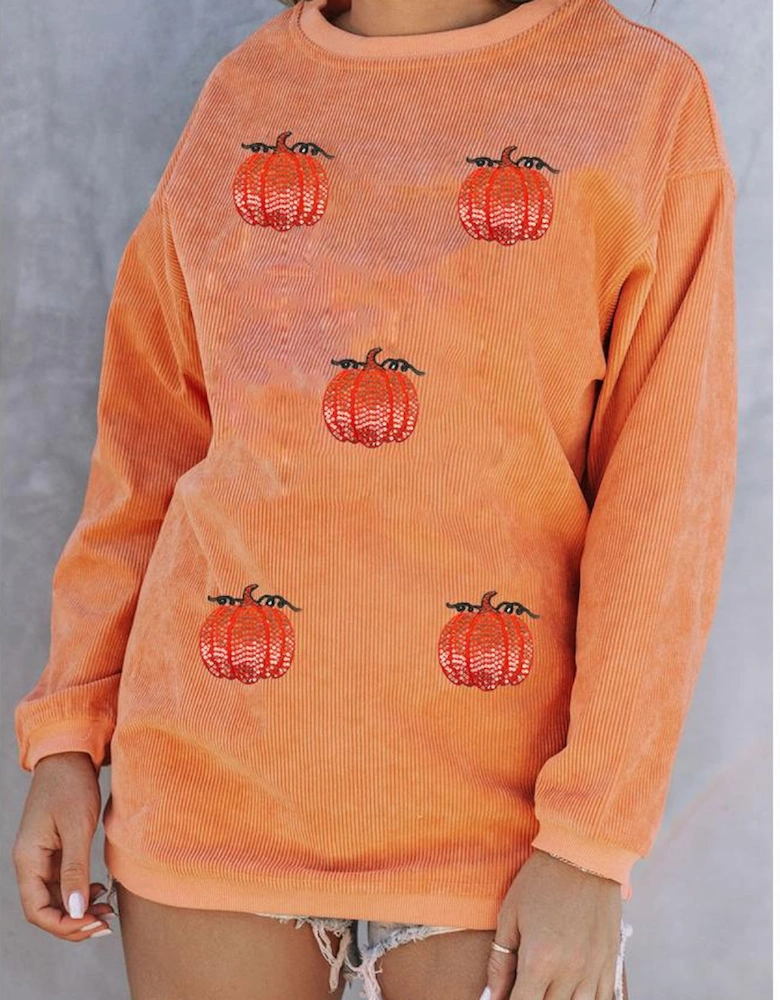 Orange Sequin Pumpkin Patched Twisted Rib Baggy Sweatshirt
