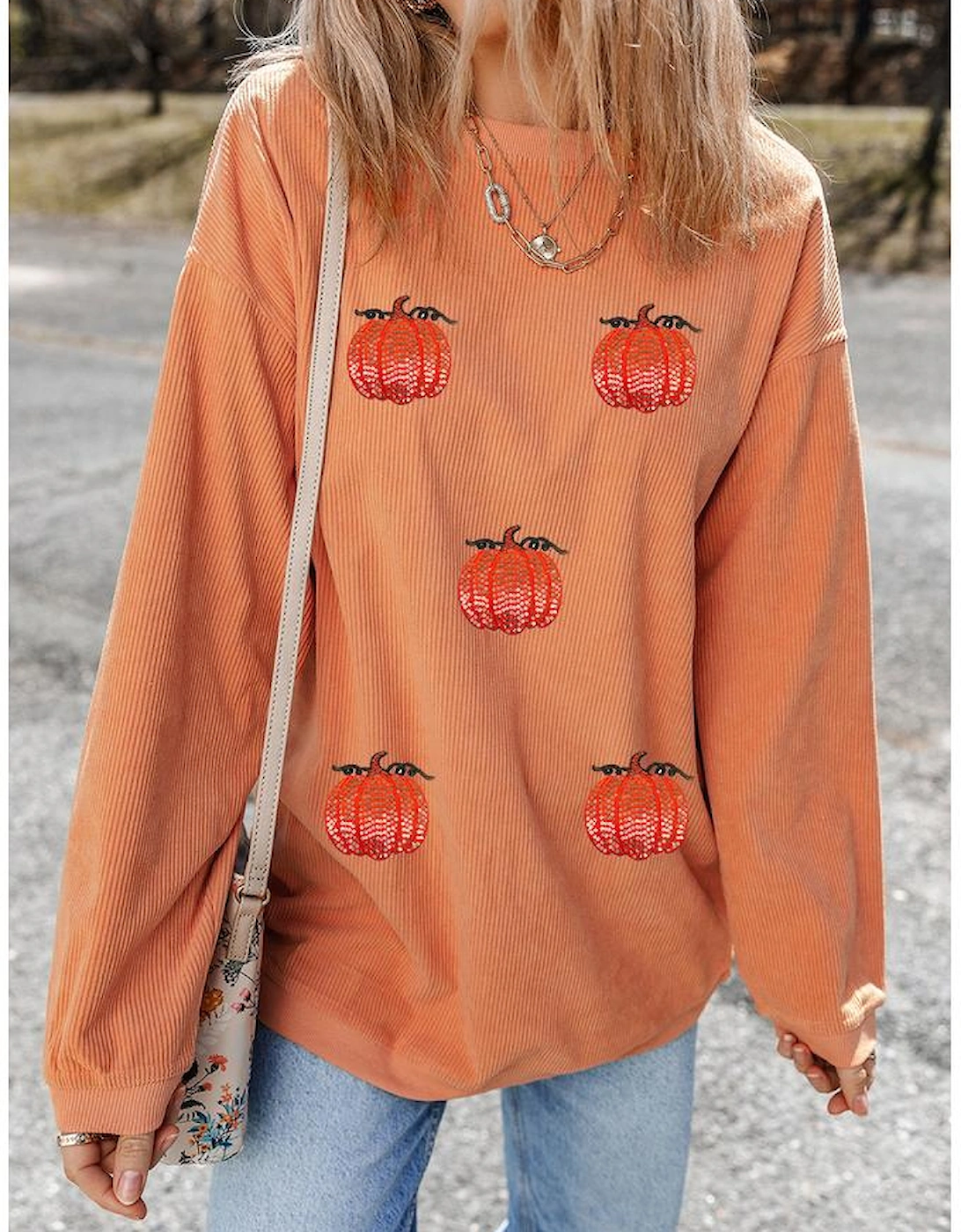 Orange Sequin Pumpkin Patched Twisted Rib Baggy Sweatshirt