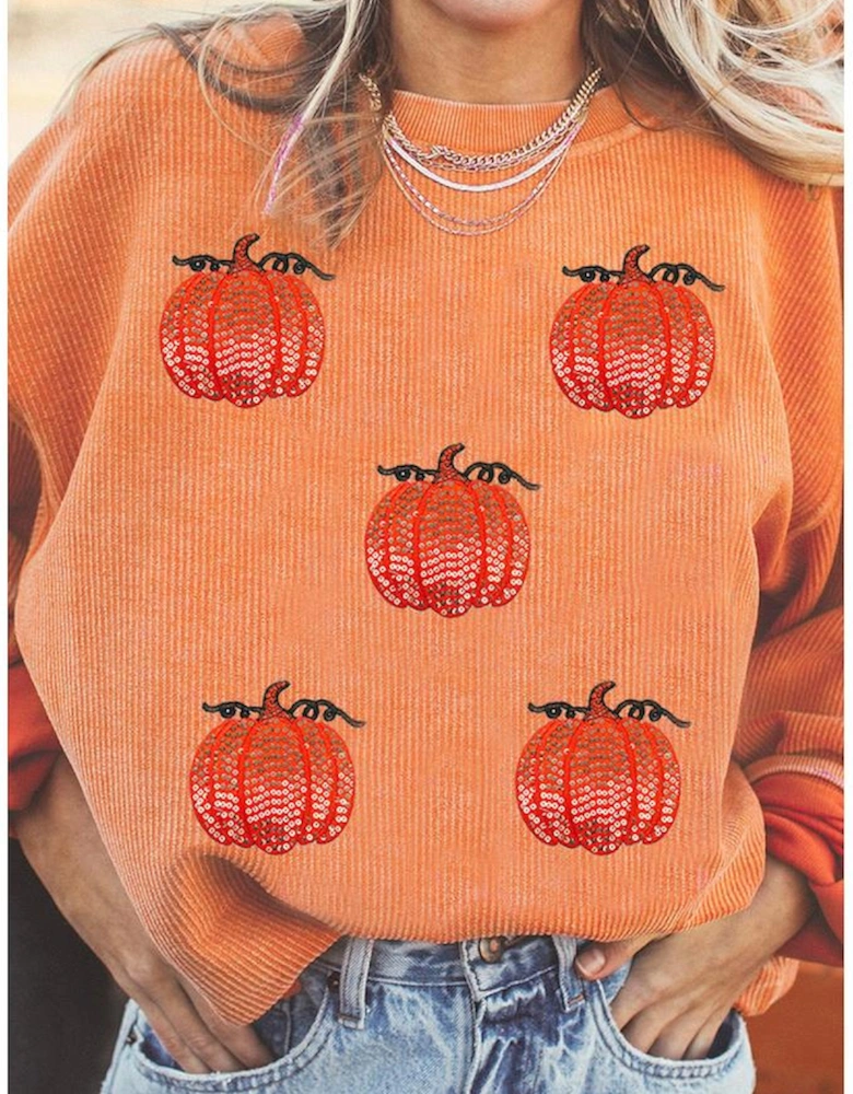 Orange Sequin Pumpkin Patched Twisted Rib Baggy Sweatshirt