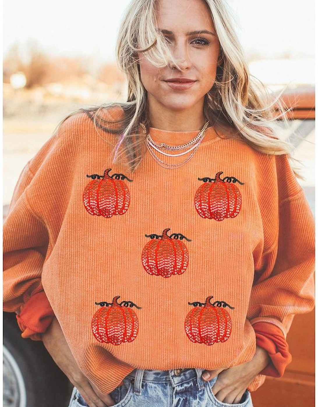 Orange Sequin Pumpkin Patched Twisted Rib Baggy Sweatshirt
