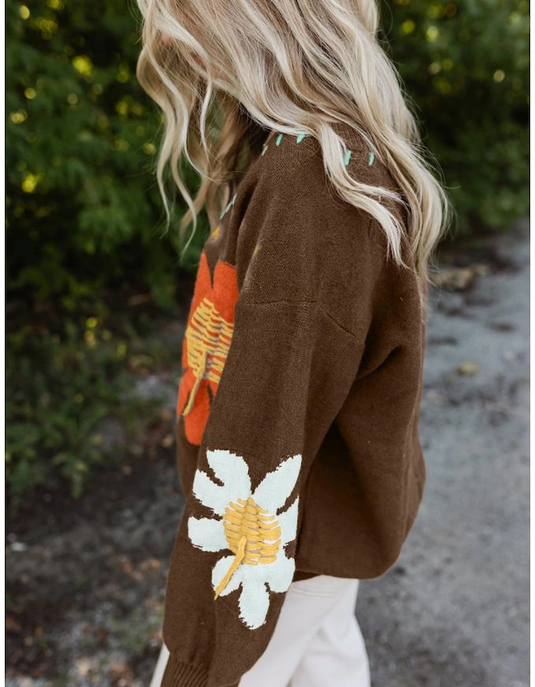 Coffee Big Flower Pattern V Neck Drop Shoulder Sweater