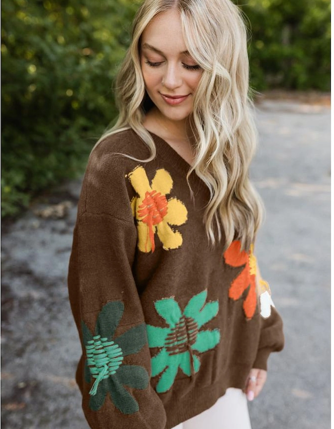 Coffee Big Flower Pattern V Neck Drop Shoulder Sweater, 8 of 7