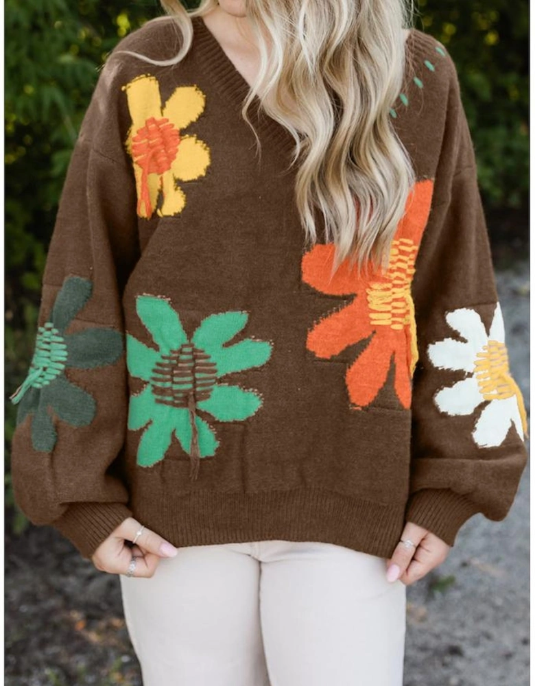 Coffee Big Flower Pattern V Neck Drop Shoulder Sweater