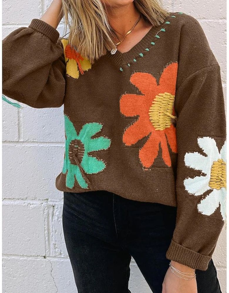Coffee Big Flower Pattern V Neck Drop Shoulder Sweater
