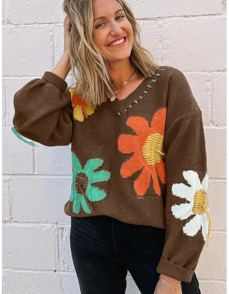 Coffee Big Flower Pattern V Neck Drop Shoulder Sweater