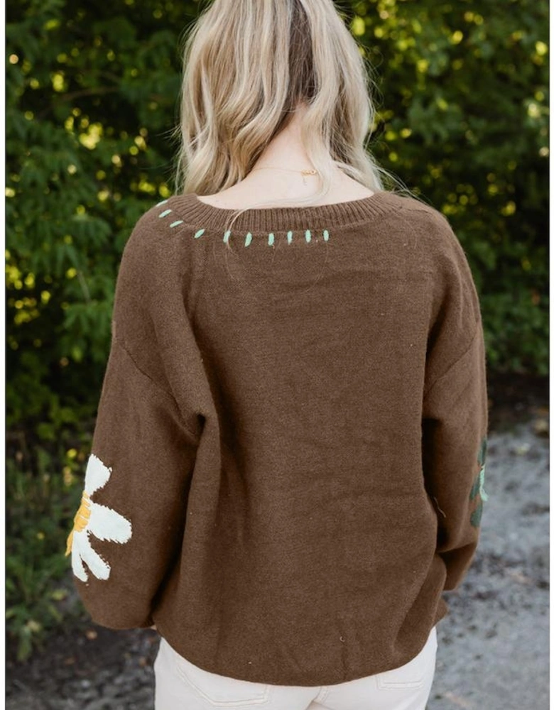 Coffee Big Flower Pattern V Neck Drop Shoulder Sweater