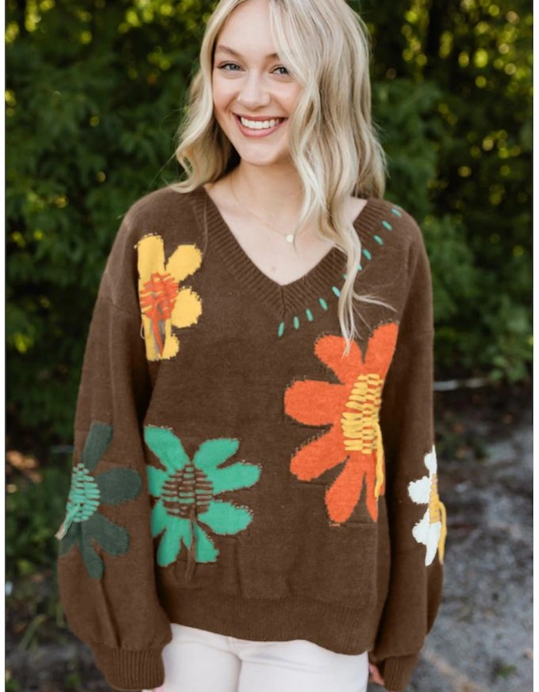 Coffee Big Flower Pattern V Neck Drop Shoulder Sweater