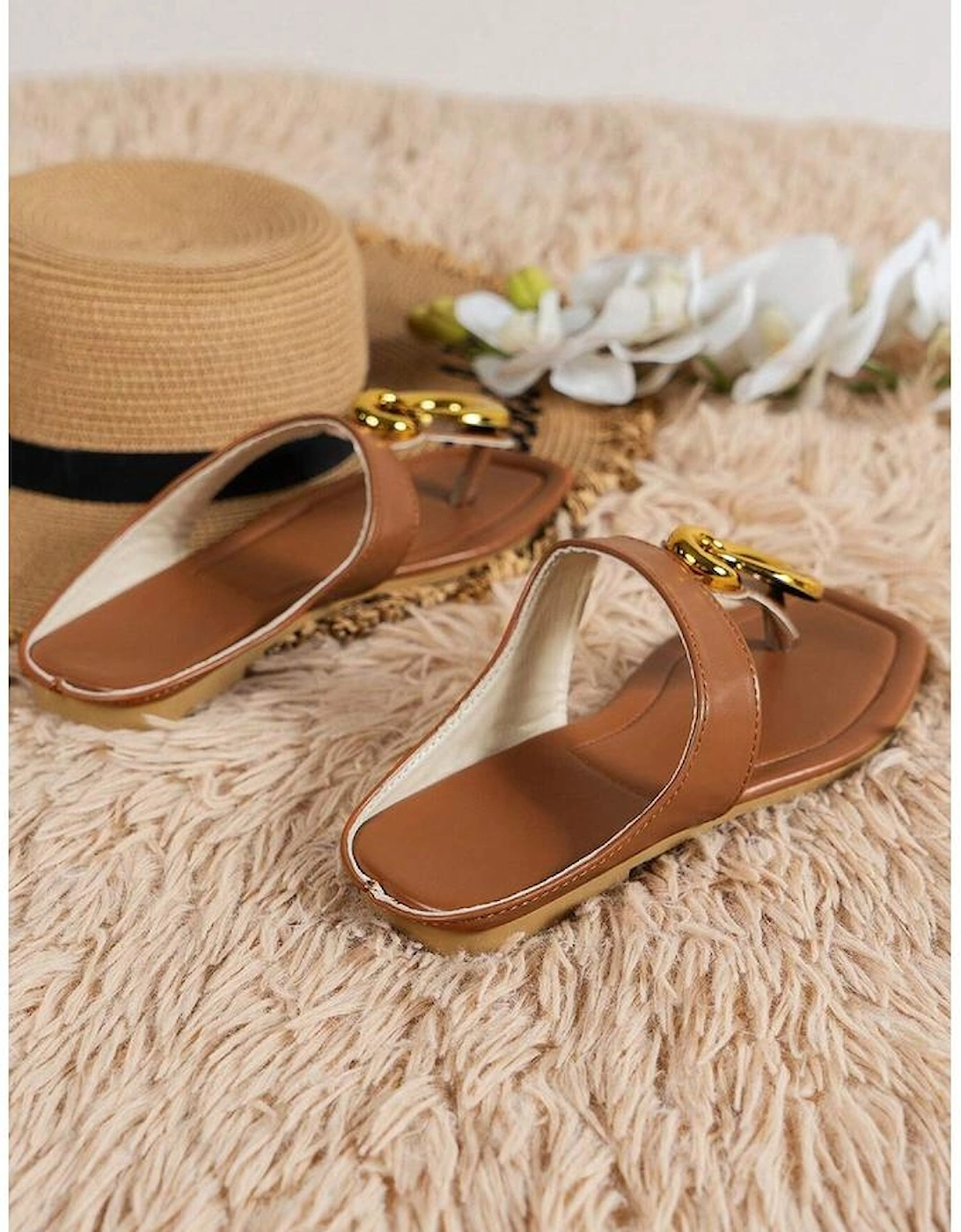 Brown Metal Rings Decor Square Toe Flat Slippers