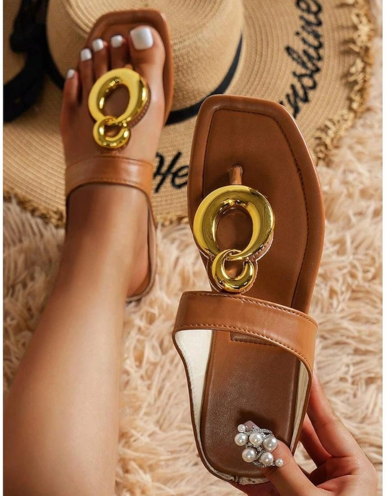 Brown Metal Rings Decor Square Toe Flat Slippers
