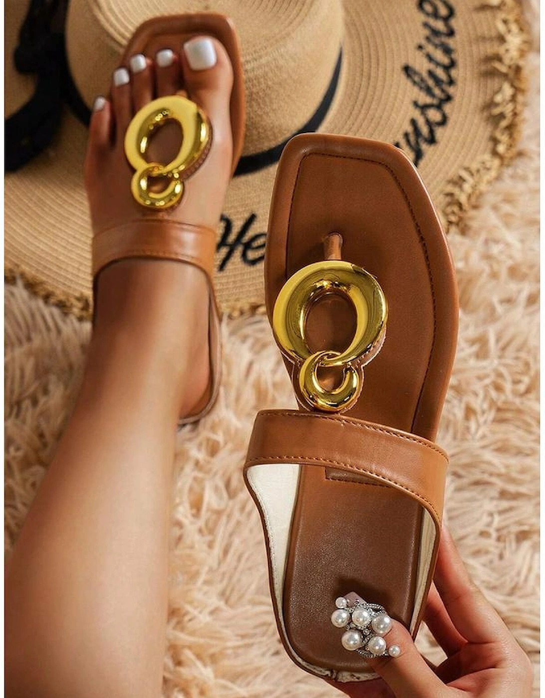 Brown Metal Rings Decor Square Toe Flat Slippers