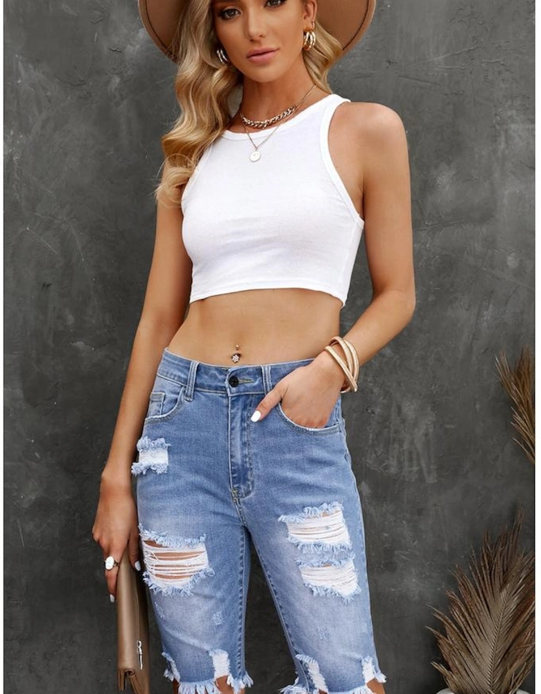 Sky Blue Ripped Tassel Bermuda Denim Shorts