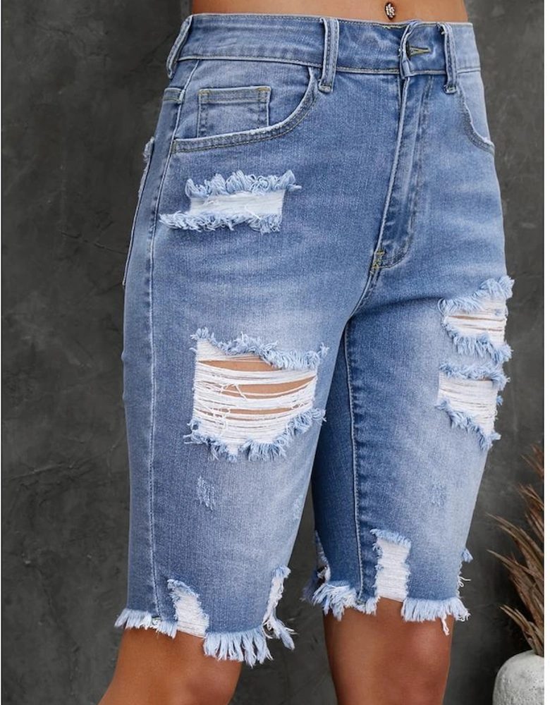 Sky Blue Ripped Tassel Bermuda Denim Shorts