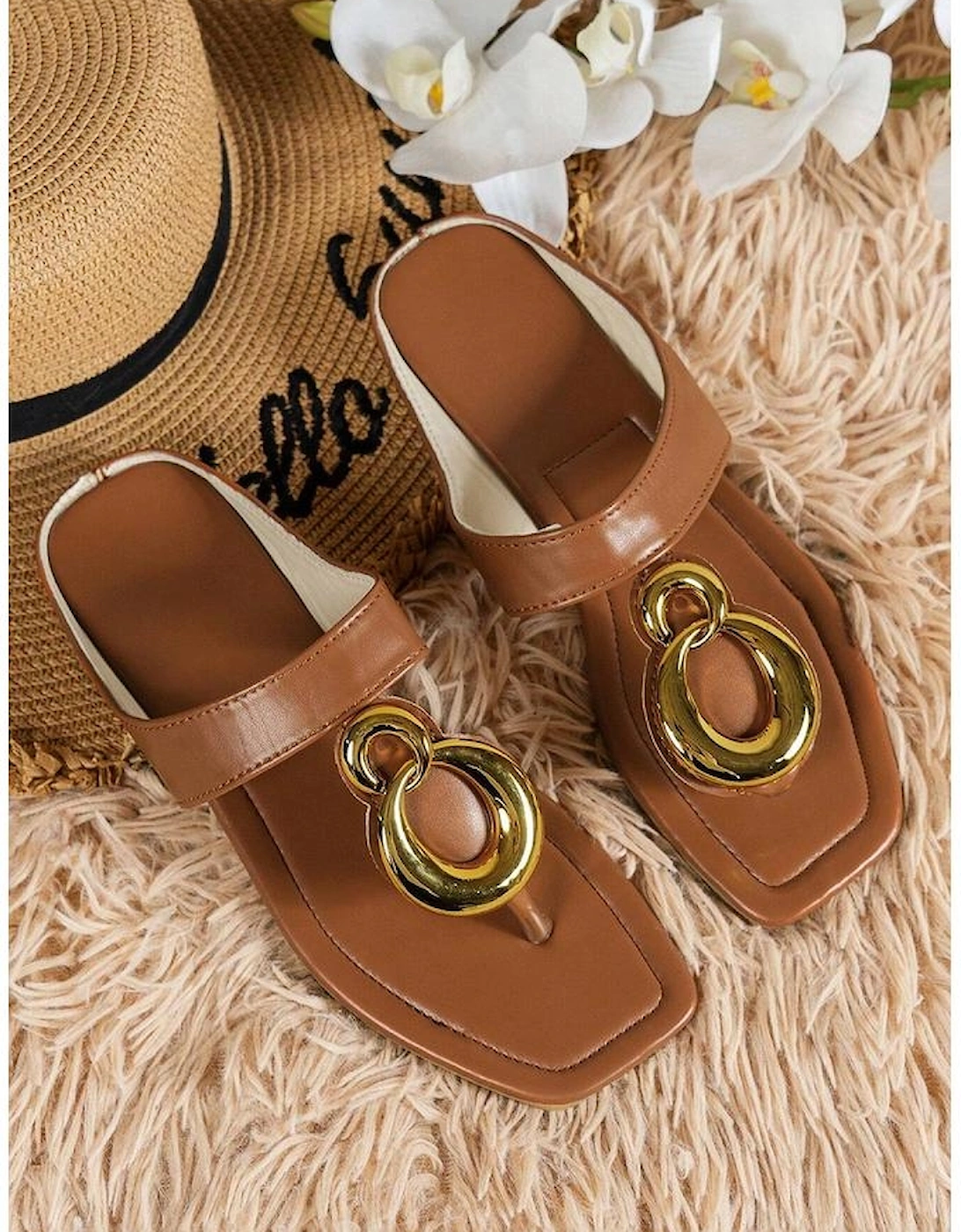 Brown Metal Rings Decor Square Toe Flat Slippers, 7 of 6