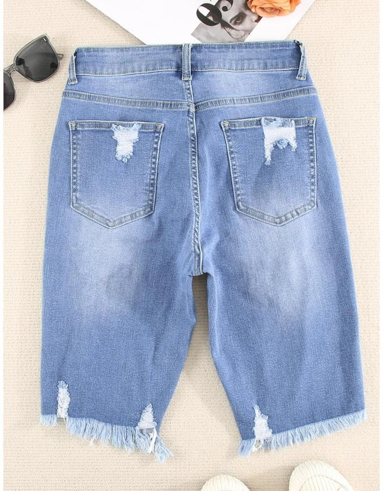 Sky Blue Ripped Tassel Bermuda Denim Shorts