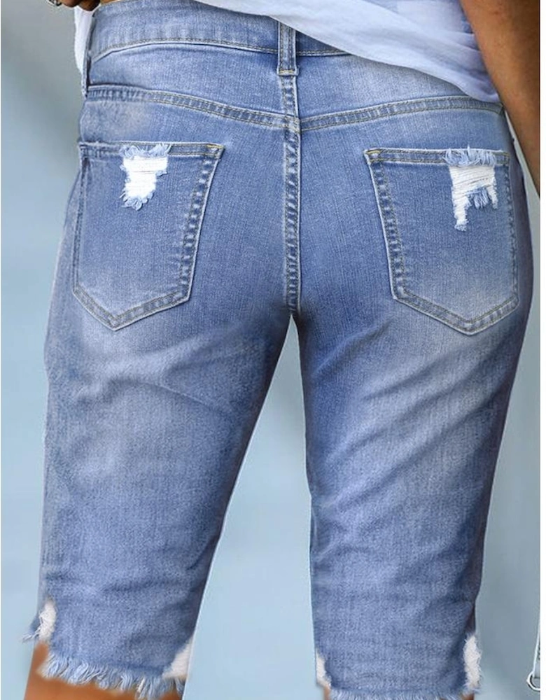 Sky Blue Ripped Tassel Bermuda Denim Shorts