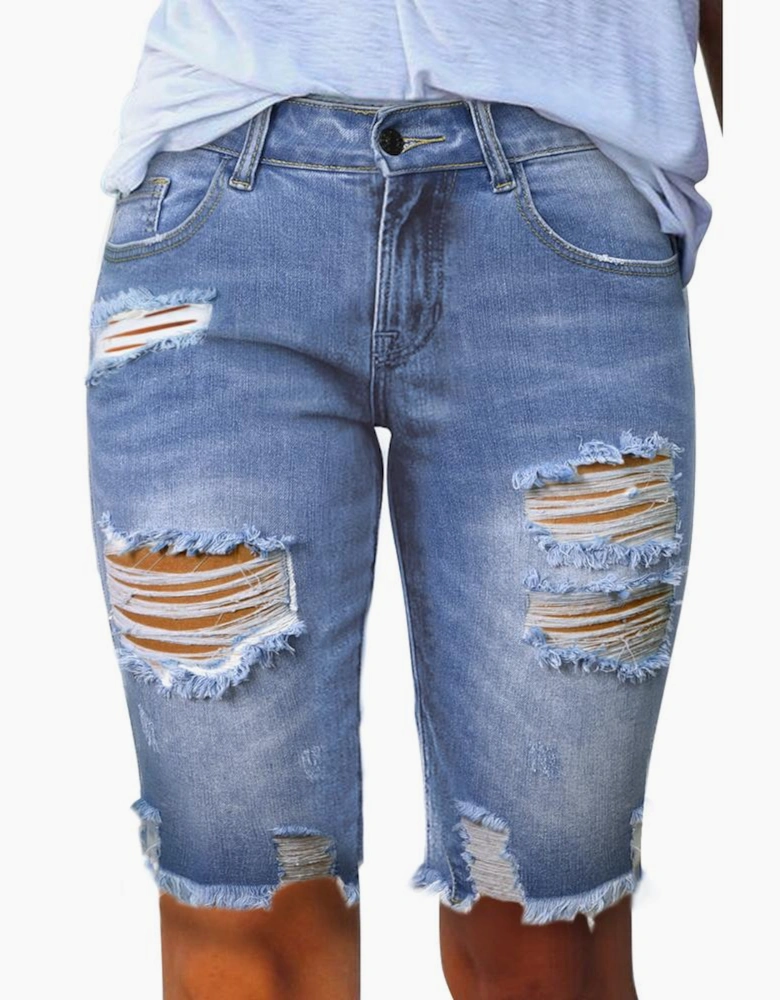 Sky Blue Ripped Tassel Bermuda Denim Shorts