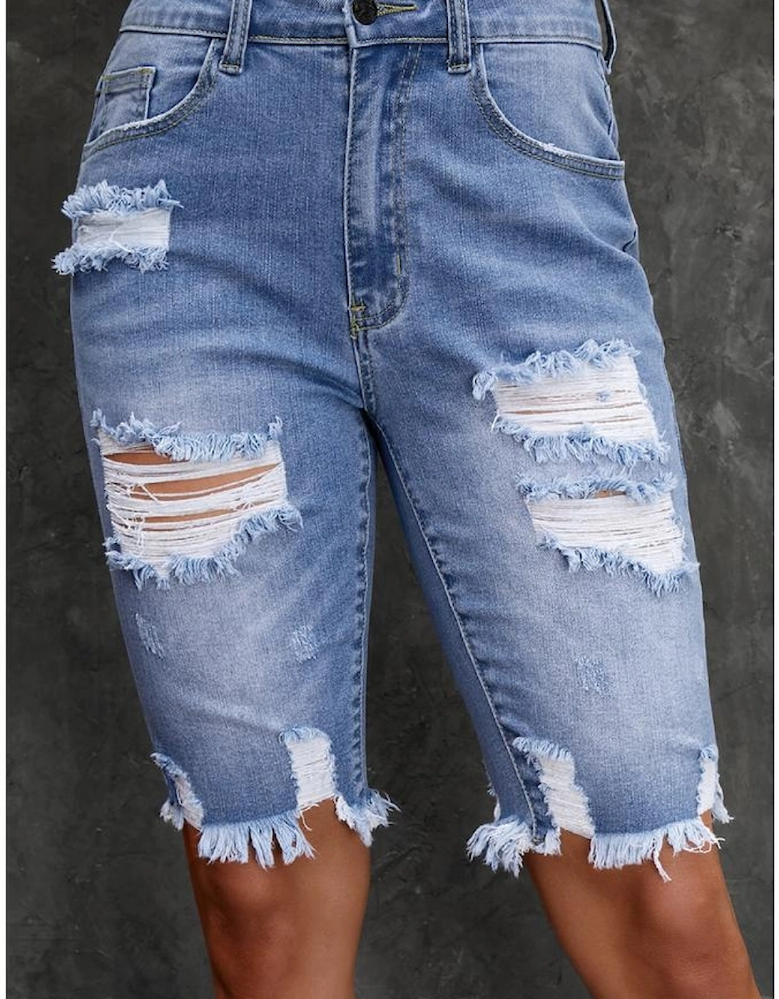 Sky Blue Ripped Tassel Bermuda Denim Shorts