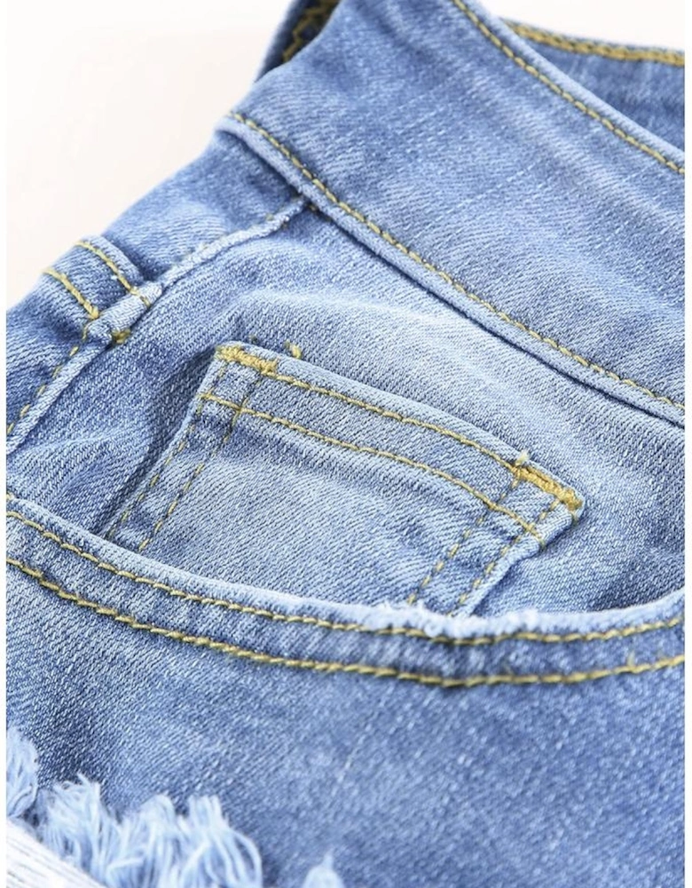 Sky Blue Ripped Tassel Bermuda Denim Shorts