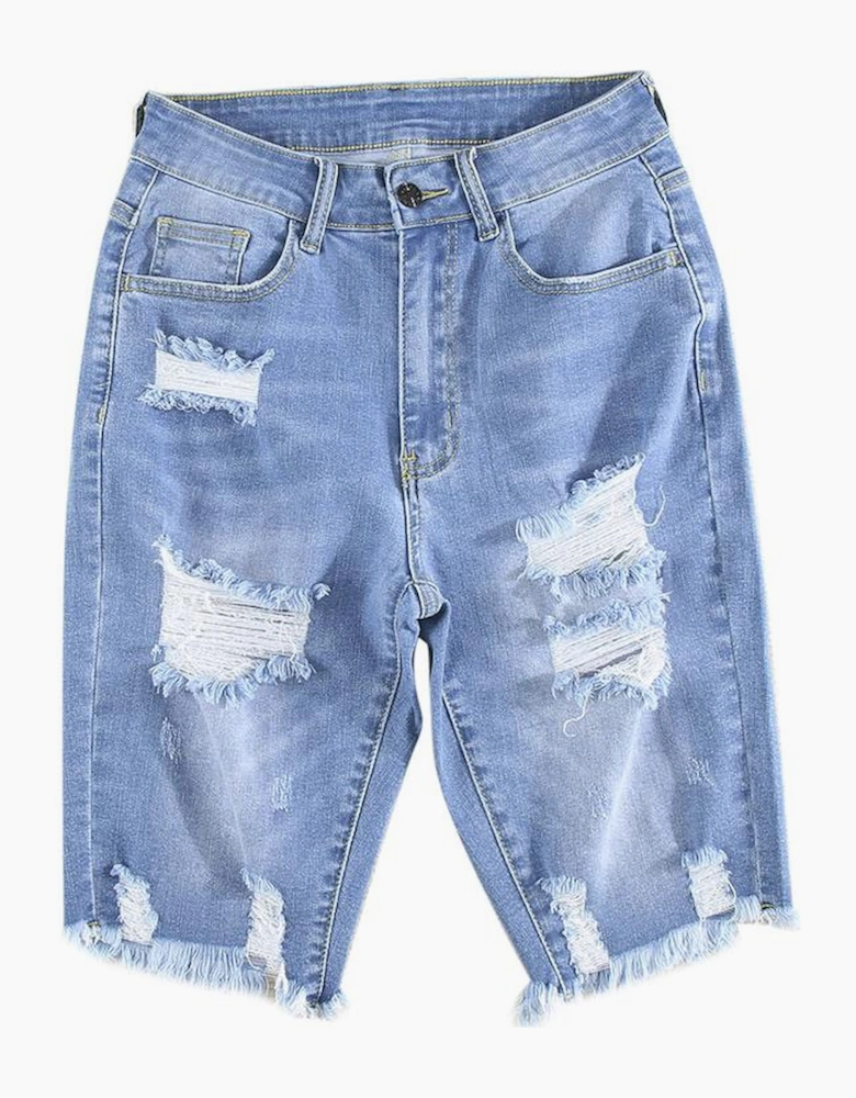 Sky Blue Ripped Tassel Bermuda Denim Shorts