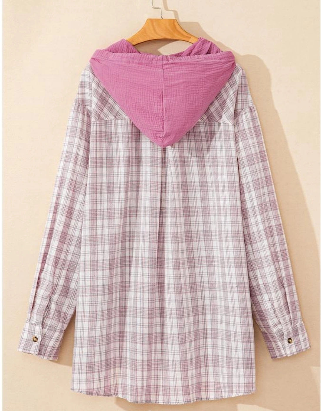 Bonbon Plaid Print Drawstring Hooded Button-up Plus Size Shirt