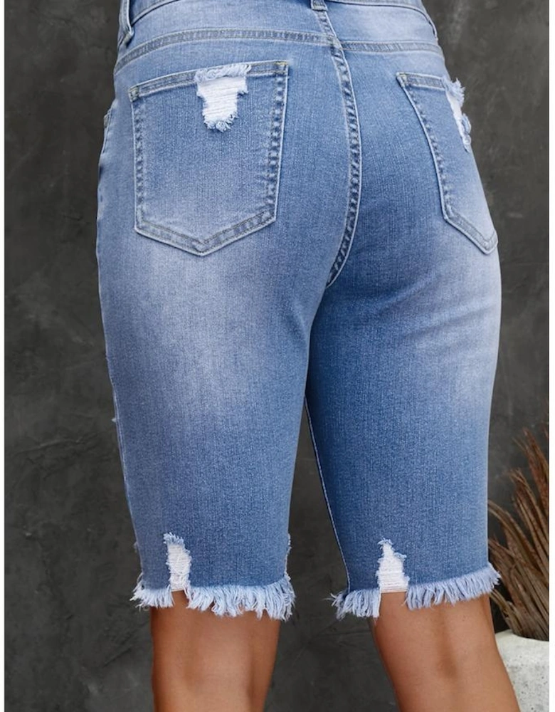 Sky Blue Ripped Tassel Bermuda Denim Shorts