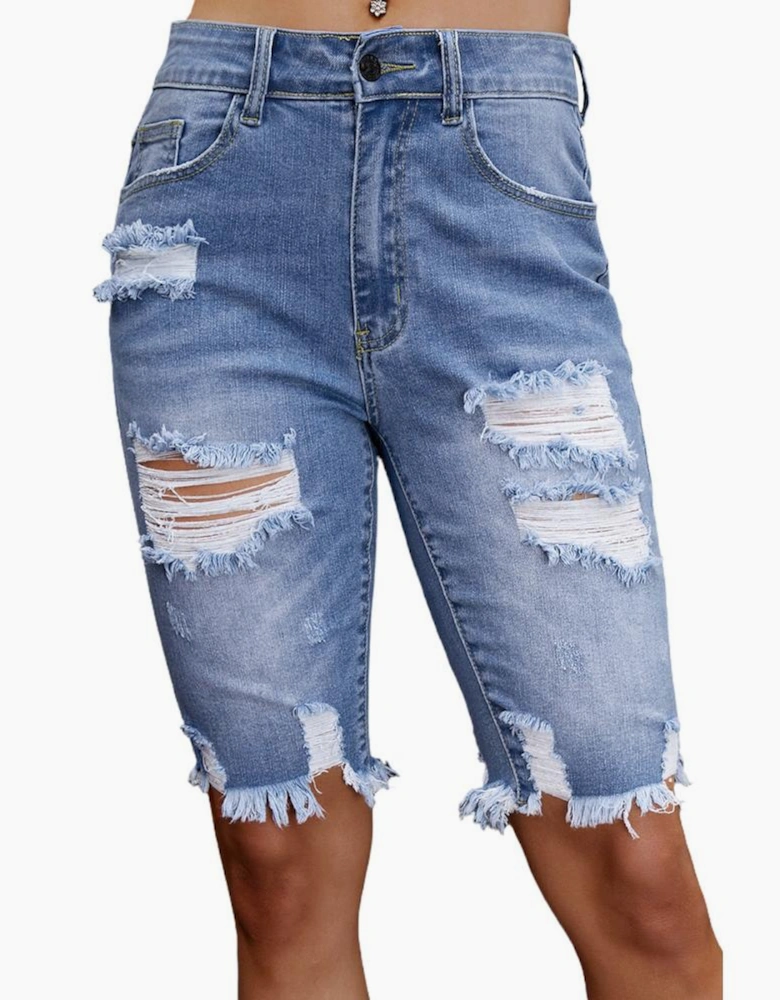 Sky Blue Ripped Tassel Bermuda Denim Shorts