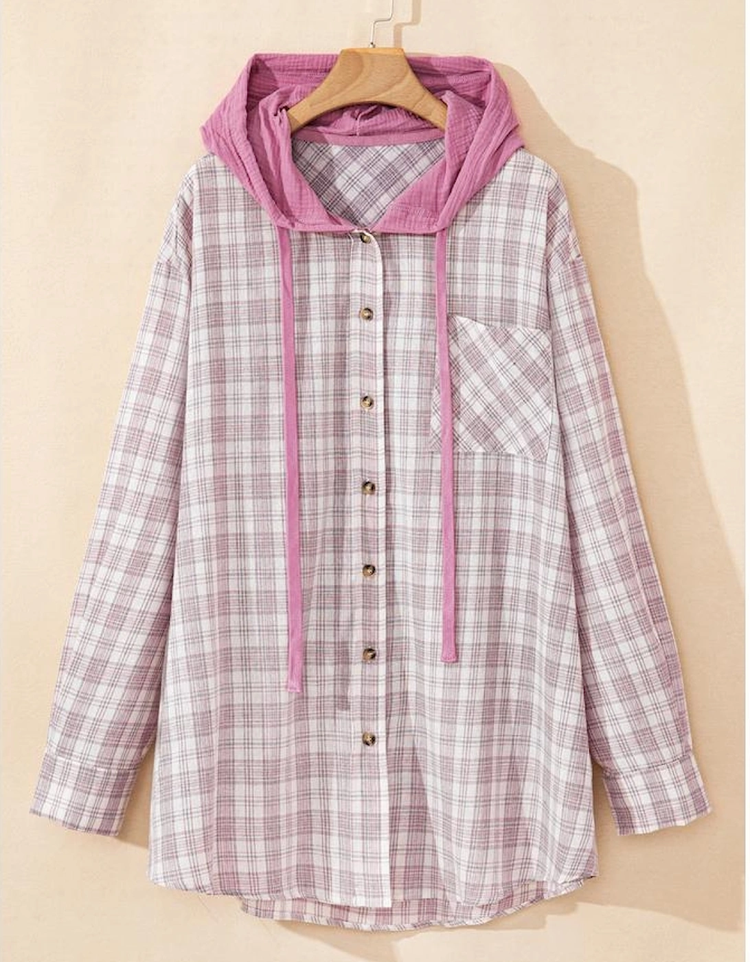 Bonbon Plaid Print Drawstring Hooded Button-up Plus Size Shirt